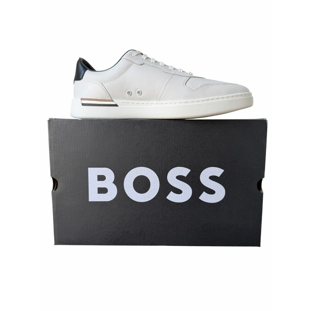 BOSS Men Clint White Leather Tennis-Style Lace Up Sneakers Size US 12/EU 45 NWT